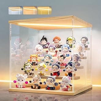 LANSCOERY LED Lighted Acrylic Display Case, 5 Tier Display Box for Collectibles and Action Figures, Clear Dustproof Organizer with Wooden Base – 11.8x11x11.8inch
