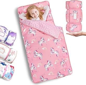 Primlect Thickened Toddler Nap Mat with Removable Pillow and Minky Blanket, Extra Large 55''x35'' Sleeping Bag, Washable, Roll up, Perfect for Daycare, Preschool, Kindergarten, Boys and Girls Pink