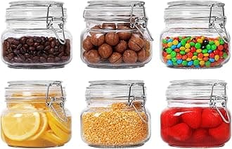 ComSaf Airtight Glass Canister Set of 6 with Lids 17oz Food Storage Jar Square - Storage Container with Clear Preserving Seal Wire Clip Fastening for Kitchen Canning Cereal,Pasta,Sugar,Beans,Spice