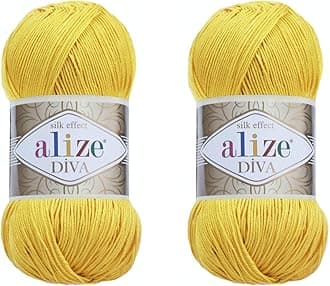Alize Diva Hand Knitting Yarn - 100% Microfiber Acrylic With Silk Effect - Crochet Art Lace Craft - 2 Skeins, 200gr, 767 Yds (110-Yellow)