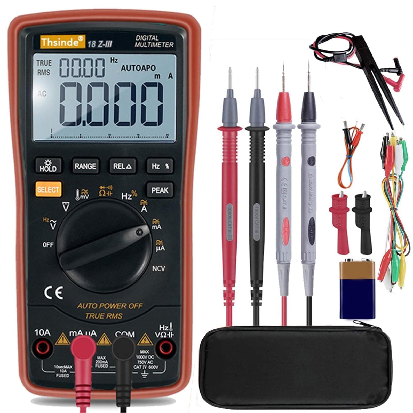 Auto-Range Digital Multimeter 20000 Counts 4 1/2 DC AC Resistance Capacitance Peak Hold True RMS NCV Diode Tester