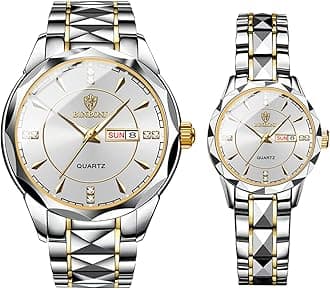 Couple Watches Gift Set: His and Her Rhombus Quartz Analog Stainless Steel Luminous Hands Date 3 ATM Waterproof Business Casual Men Women Watch Sets