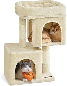 Cat Tree, 26.4-Inch Cat Tower, S, Cat Condo for Kittens up to 7 lb, Large Cat Perch, 2 Cat Caves, Scratching Post, Beige UPCT611M01