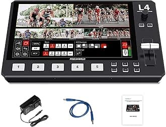 Feelworld L4 Switcher 10.1 Inch Touch Screen Multi-Camera Video Mixer Switcher,4 x HDMI&SDI&Audio Input/Output,App/PTZ Control,USB3.0 Fast Streaming,Built-in Cooler,13 Transitions, MI24030601