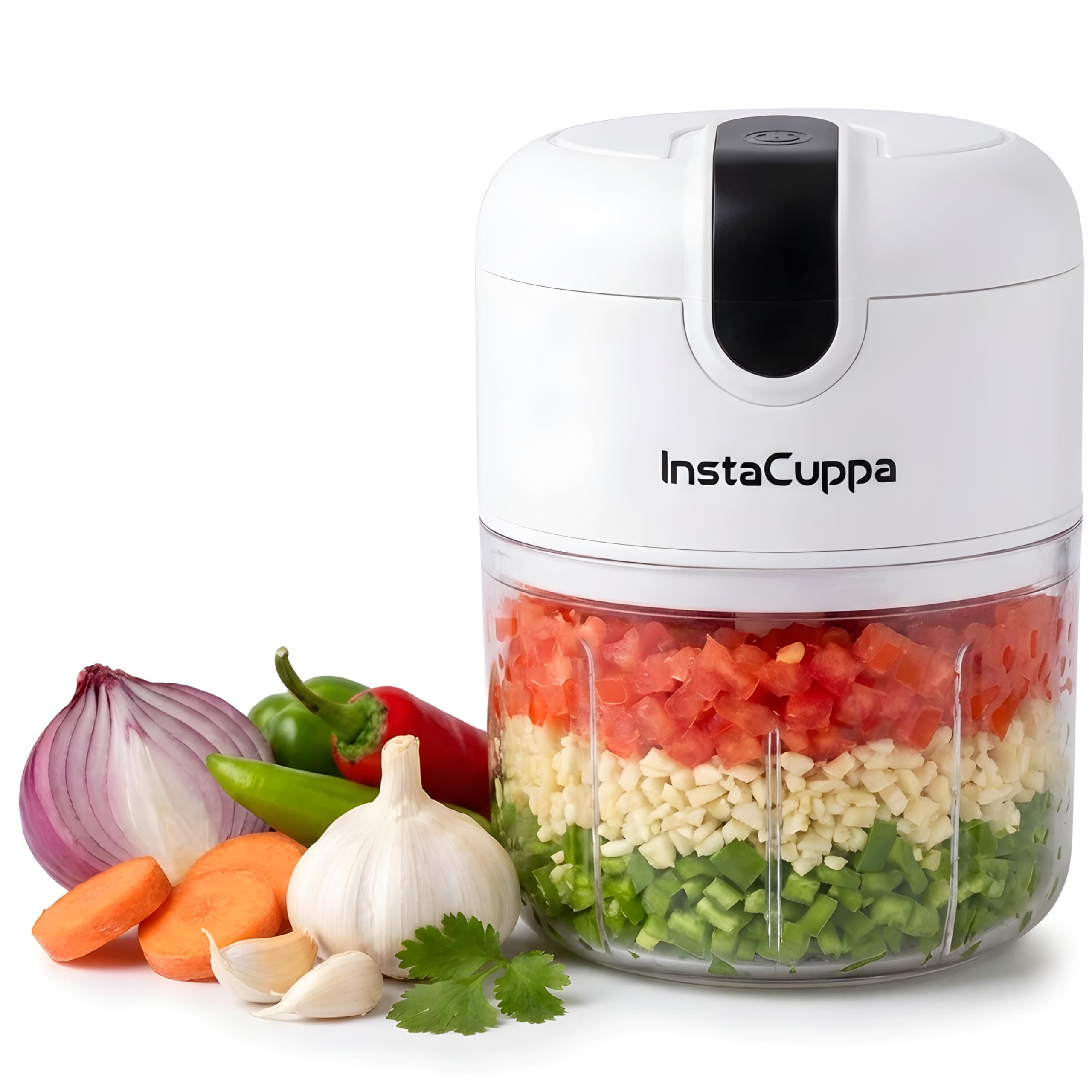 InstaCuppa Mini Electric Chopper for Kitchen, 50% Longer Use 1800 mAh Battery Onion Cutter, USB-C Garlic Mincer for 50% Faster Charging, 45 W Fast Vegetables Chopping for Busy Moms, 250 ML