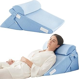 Bedluxe 3Pcs Orthopedic Bed Wedge Pillow Set, Foam Wedge Pillow Post Surgery for Back, Leg and Knee Support, Adjustable 9&12 Inch Folding Triangle Pillow for Sleeping, Acid Reflux, Snoring, Light Blue