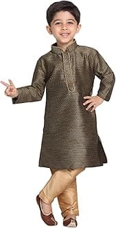 JBN Creation Boys' Full Sleeve Silk Blend Kurta Pyjama Set with Mandarin Collar, Featuring Ethnic Motifs, Self-Design, and Embellishments - Perfect for Festivals and Special Occasions