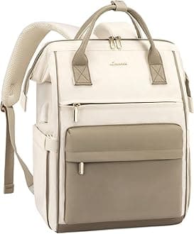 LOVEVOOK Laptop Backpack for Women, 18 Inch Work Teacher Nurse Bag, Large Capacity Business Computer Backpack Purse with USB Port, Stylish Casual Daypack for Travel,Beige&Khaki