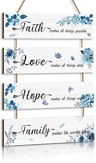 KAIRNE Inspirational Phrase Wall Art Sign,Faith Love Hope Family Wall Art,Blue Flower Wood Plaque,Positive Wall Hanging Sign,Motivational Quotes Wall Plaque Decor for Living Room Bedroom Kids Room
