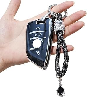 Car Key Case Compatible with BMW with Bling Diamonds Keychain,4 Buttons Remote Key Case for 2 3 5 7 X1 X3 X4 X5 X6 M5 Series,TPU Silicone KeyCase Cover BMW Keyless KeyProtector-Black