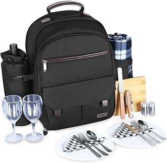 Sunflora Insulated Picnic Backpack for 2 Person Bag with Cooler Compartment, Wine Pouch, Blanket and Stainless Steel Cutlery Set for Couple, Lovers and Friends (Black)