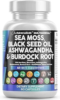 Sea Moss 3000mg Black Seed Oil 2000mg Ashwagandha 1000mg Turmeric 1000mg + Bladderwrack 1000mg Burdock 1000mg & Vitamin C Vitamin D3 with Elderberry Manuka Dandelion Yellow Dock Iodine Chlorophyll ACV