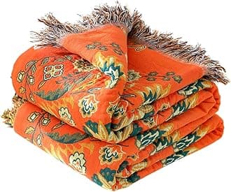 Boho Throw Blanket for Bed 100% Cotton Soft Lightweight Quilt Floral Embroidery Home Decor Spring Breathable Bed Blankets,60"x80" Twin All Season Reversible Blankets for Sofa Couch Chair