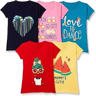Girls Cotton Printed Regular Fit T-Shirt (Pack of 5)