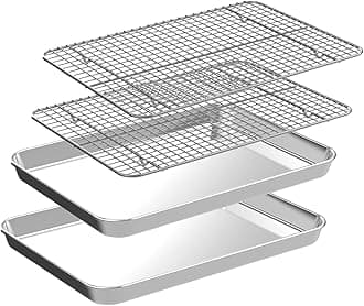 Small Baking Sheet with Rack Set [2 Cookie Sheets + 2 Baking Racks], CEKEE Stainless Steel Small Baking Pan and Grill Rack - Rust & Warp Resistant & Nonstick, Size 9.33 x 6.96 x 1 Inch