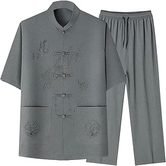 Cambkatl Men's Dragon Embroidered Tang Suit Chinese Traditional Mandarin Collar Kung Fu Shirts Short Sleeve Tai Chi Outfits