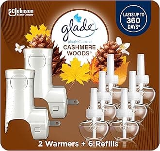 Glade PlugIns Air Freshener Starter Kit, Scented and Essential Oils for Home and Bathroom, Cashmere Woods, 4.02 Fl Oz, 2 Warmers and 6 Refills