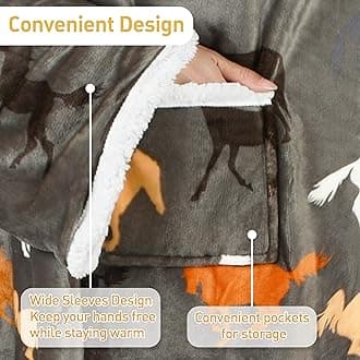 Catalonia Sherpa Wearable Blanket with Sleeves & Foot Pockets for Adult Women Men, Comfy Snuggle Wrap Sleeved Throw Blanket Robe, Gift Idea, Taupe Horse