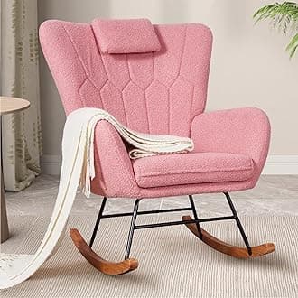 VECELO Rocking Chair Nursery with Thick Headrest, Modern Teddy Upholstered Reading Glider Rocker Accent Armchair with High Backrest, Padded Seat, Side Pocket, for LivingRoom, Bedroom, Baby Room, Pink