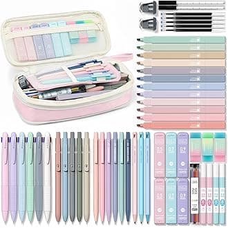 Four Candies 56 PCS Aesthetic School Supplies with Cute Pencil Case, 6 Multicolor Pen, 12 Pastel Highlighters, 5 Gel Pens Black Ink, 9 Mechanical Pencils for Student Stationary Set Preppy Stuff (Pink)