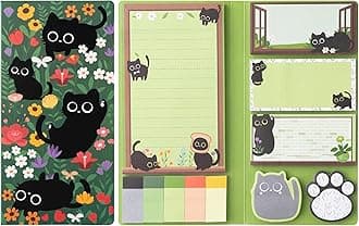 B1ykin Cute Sticky Notes Set - Wildflower Lovely Black Shaped Self-Stick Notes Pad, 550 Sheets Writing Memo Pages Sticky Notepad for Teacher Appreciation Gifts, School Office Supplies (Cat Floral)