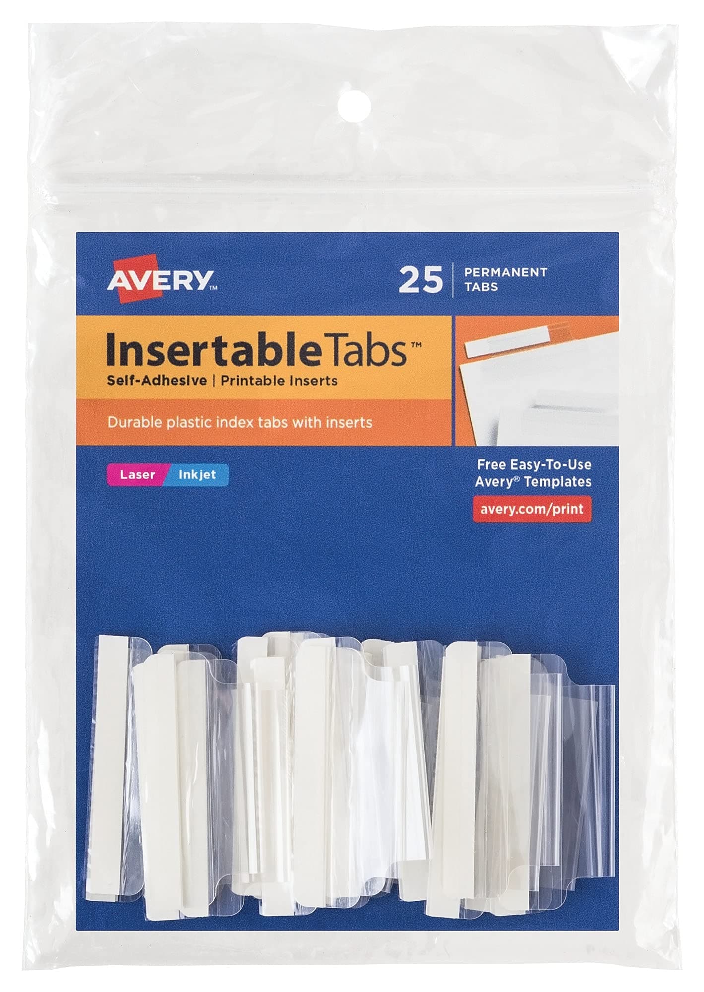 Insertable Self-Adhesive Tabs with Printable Inserts, 2", Permanent Adhesive, Clear, Pack of 25 Index Tabs (16241)
