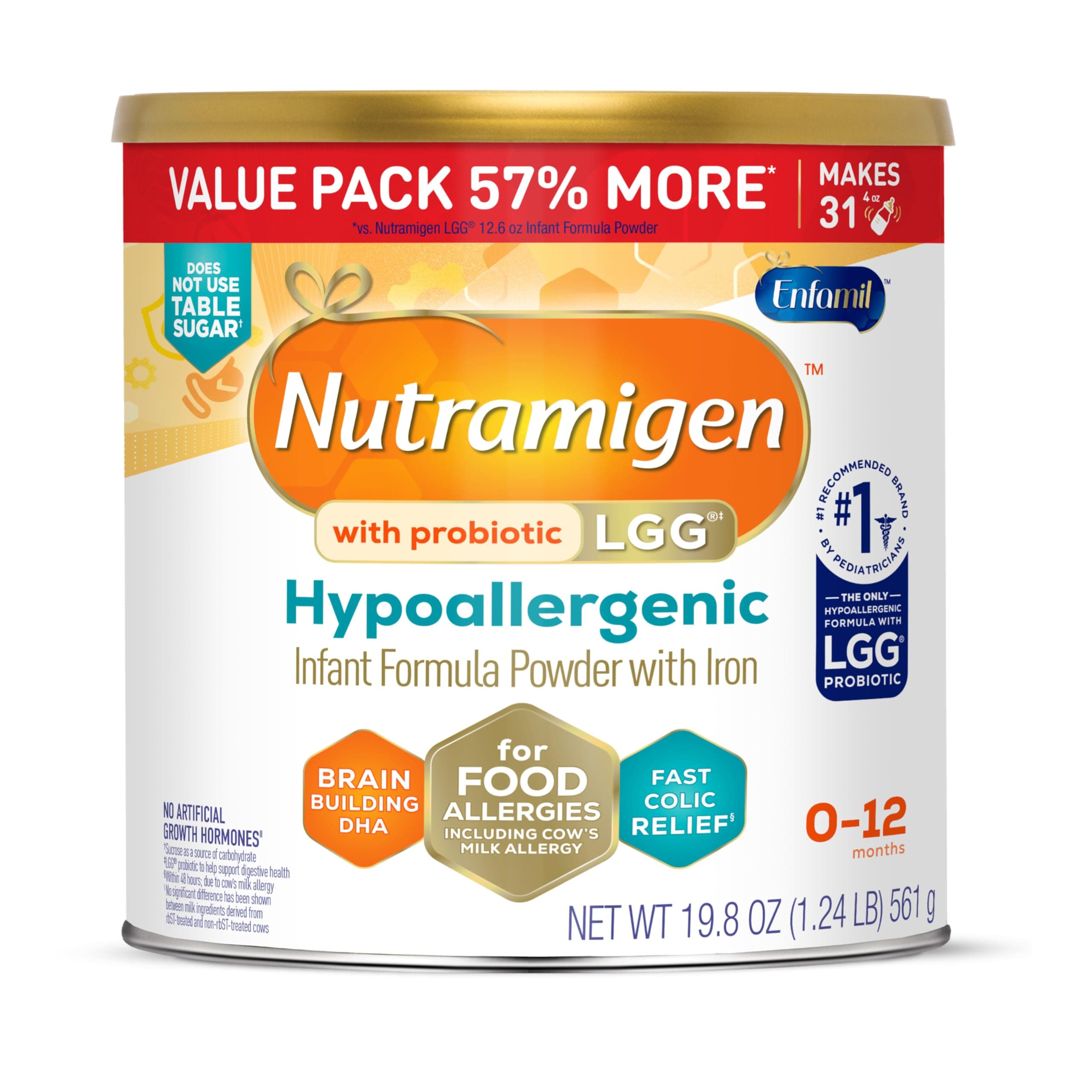 Nutramigen Hypoallergenic Baby Formula with Iron, Lactose Free, Colic Relief from Cow's Milk Allergy Starts in 24 Hours, Brain Building DHA, Probiotic LGG for Immune Support, 19.8 Oz Can