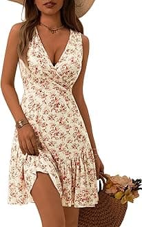 FENSACE Women's Summer Sleeveless Sexy Wrap V Neck Floral Sundress Mini Dress