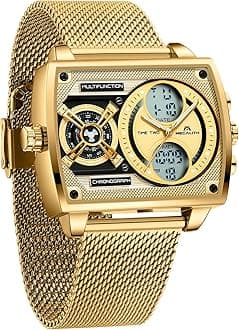 Square Watches for Stylish Mens: Analogue Digital Waterproof Wrist Watch with Multi-Time Zone Large Dial - Gifts for Business Dress Men