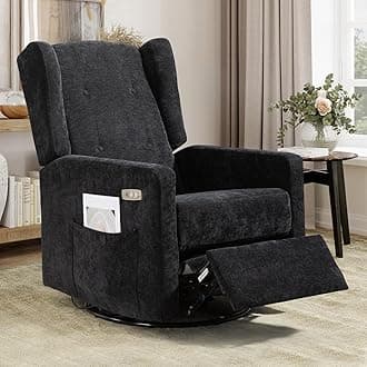 Power Recliner Chair for Adults, Electric Nursery Rocking Glider Chair with USB and Type-C Ports, Chenille Wide Swivel Rocker for Living Room, Bedroom (Black)