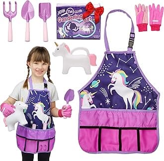 Cheerful Children Toys Kids Gardening Set – Gardening Tools for Kids with Watering Can, Shovels, Rake, Gloves & Apron – Planting Outdoor Activity for Ages 3-7, Unicorn Themed Gardening Set for Girls