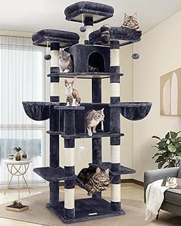 Globlazer Big Cat Tower for Indoor Cats, 80inch Cat Tower for Multiple Adult Cats XXL Cat Tree with Scratching Post, Hammock, 3 Perches, 2 Condos, 2 Hanging Basket, F80, Dark Grey