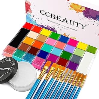 CCbeauty 36 Colors Face Body Paint Oil Based, Safe Neon Face Painting Palette Kit with Translucent Setting Powder,10 Black Brushes for Halloween SFX Special Effects Costume Cosplay Makeup