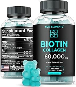 New Elements Biotin Gummies 10000mcg, Hair Skin and Nails Vitamins, Chewable Hair Growth Supplement for Men & Women, Vegan, Pectin Based, Strawberry Flavor, Non-GMO, Gluten Free