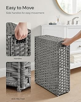 SONGMICS Slim Laundry Hamper with Lid, 14.5 Gallon (55L) Synthetic Laundry Basket with Lid and Handles, Foldable, Removable Liner, Dove Gray