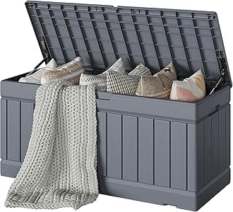 Devoko 78 Gallon Deck Box, Waterproof Resin Outdoor Storage Box for Outside and Patio, Outdoor Storage Bench Lockable for Patio Furniture, Garden Tools and Pool Supplies (Grey, 78 Gallon)