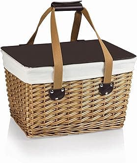 PICNIC TIME Canasta Wicker, Picnic Basket for 2, 16.5 x 11.3 x 9.8, Beige Canvas With Brown Lid