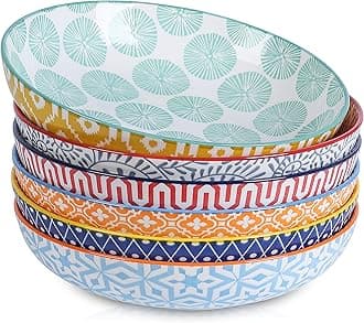 Selamica Porcelain 26 Ounce Pasta Bowls Set of 6, 8 inch Wide and Shallow Salad Bowls, Serving Bowls, Microwave & Dishwasher Safe, Sturdy & Stackable, Variety of Colors