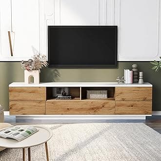 Merax Wood TV Stand Entertainment Center with Storage Cabinets & Open Shelves, Modern TV Console Table for TVs Up to 80” for Living Room Bedroom (Natural)
