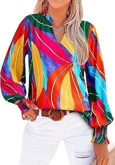 MASCOMODA Womens V Neck Floral Long Sleeve Tops 2026 Summer Casual Loose Puff Sleeve Chiffon Boho Work Blouse Dressy T Shirts