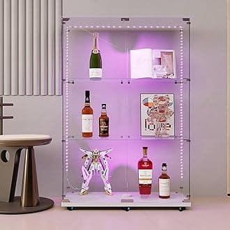 Modern Glass Display Cabinet 3-Shelf with LED Light,Wheels and Lock, 2 Door Curio Cabinets,Tempered Glass Collection Display Showcase for Living Room Home Office,30.9x13.5x49.8 H,White