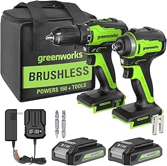 Greenworks 24V MAX Cordless Brushless Drill & Impact Driver Combo Kit, Electric Drill Set, High Torque, Lightweight, Professional Grade, Includes 2x 2.0Ah Batteries, Charger, and Storage Bag