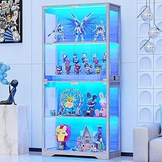 BROTTAR Display Cabinet with Glass Doors, 4-Tier Curio Cabinet with 3 Color Lights for Collectibles, Glass Display Case with Human Body Sensor, Bookcase with 4 Shelves, Storage Cabinets, Gray