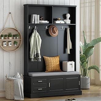 Merax 47.2" Farmhouse Wood Hall Tree with 6 Hooks, 4-in-1 Coat Rack for Entrance,Hallway, Mudroom Bench Cabinet with Shoe Storage Black