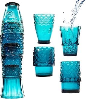 Gökotta Set of 4 | Handmade Stacking Koi Carp Fish Cocktail Glasses | Drinking Tumblers | Retro Fun Quirky Gift Present | Dinner Party Water Juice Coffee Mugs Cups | 4PCS 250ml (Blue)