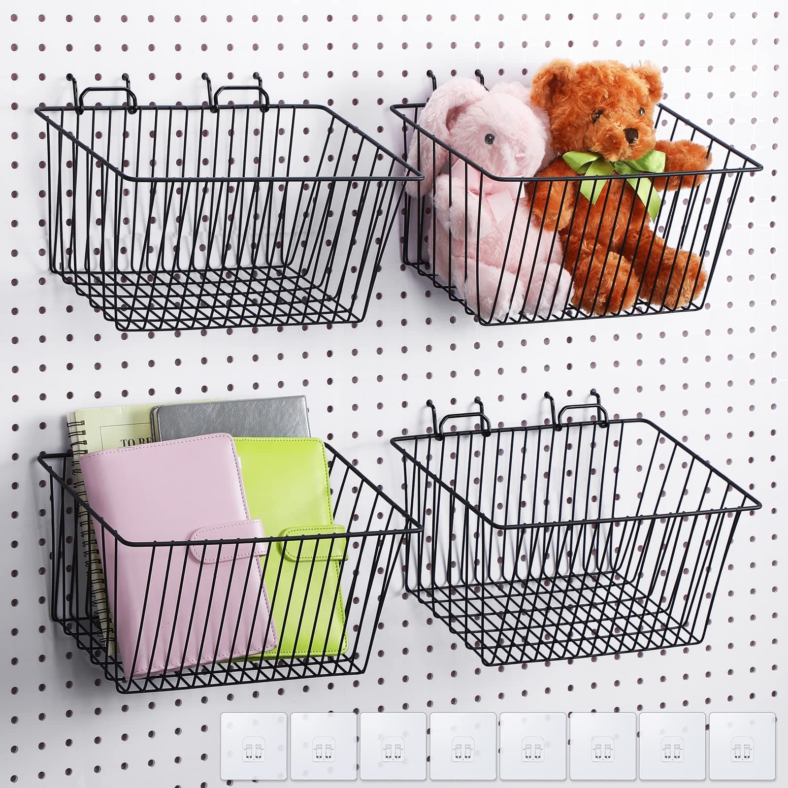 4 Pack Pegboard Baskets, Pegboard Hooks Assortment Various Tools Storage, Pegboard Parts Storage System Peg Board Workbench for Organizing Hardware Attachments