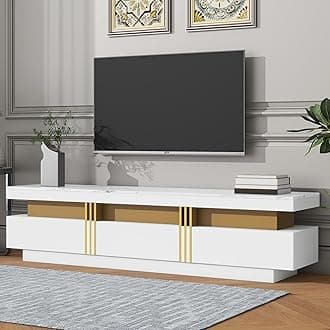 Merax Luxury TV Stand with High Gloss Faux Marble Top, Golden Panel Design, and 3 Drawers for Televisions Up to 78'', Rectangle Media Console, Practical Entertainment Center for Living Room, White