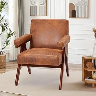 MELLCOM Mid-Century Modern Accent Leather Chair, Comfy Accent Chair with Solid Wood Frame,Upholstered Lounge Arm Chairs with Plump Cushion,Easy Assembly Reading Chair for Living Room,Bedroom,Brown