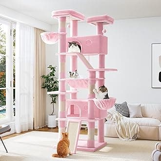 Allewie 81 Inches Tall Cat Tree/Multi-Level Large Climbing Tree House and Towers for Big Feline/Condo and Hammock/Scratching Post/Wide Base/Pink