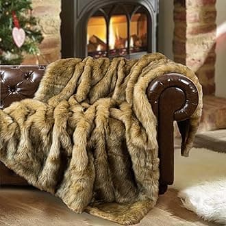Golden Faux Fur Throw Blanket for Couch Sofa, Long Pile Fur Blankets and Throws, Elegant, Fluffy Thick Warm Heavyweight Fur Blanket Reversible to Plush Velvet, 50"x60"